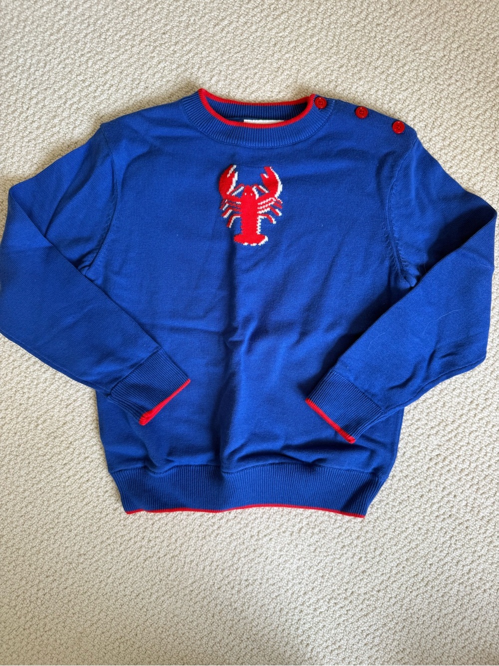 Kids Unisex Blue Crewneck Sweater with Red Lobster Motif, 7Y